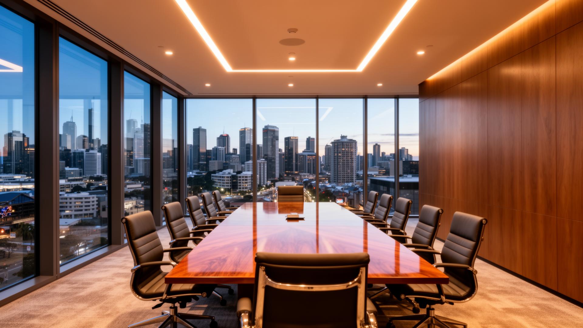 Premium Australian corporate boardroom overlooking city skyline at dusk