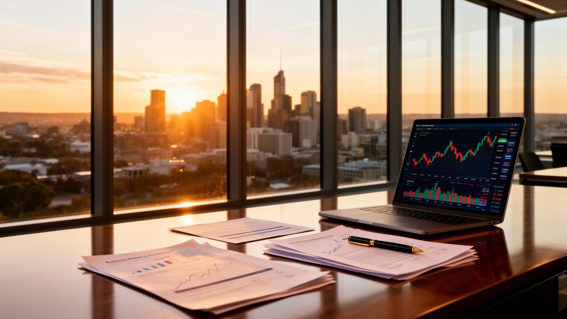 Executive desk with market charts and financial documents overlooking Australian city skyline at golden hour