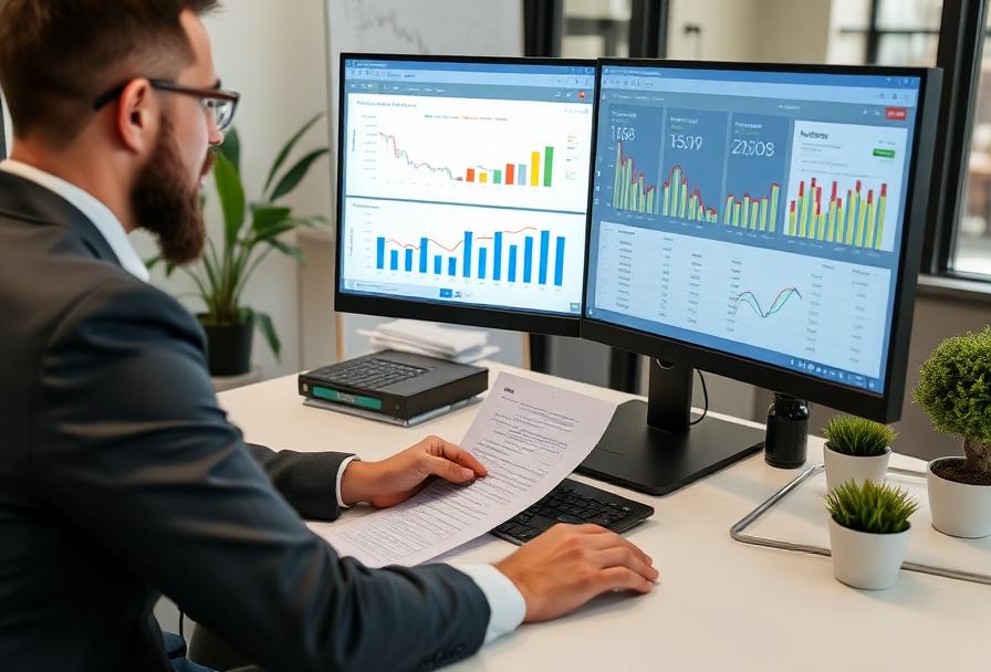 Plan manager reviewing NDIS financial dashboard and participant funding Plan manager reviewing NDIS financial dashboard and participant funding
