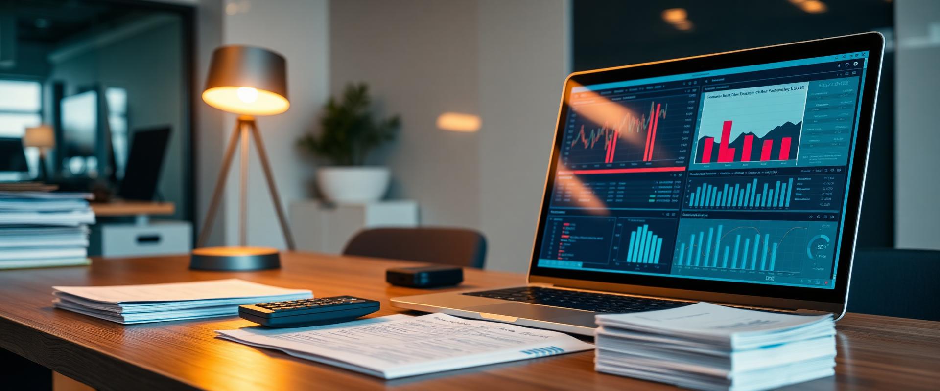 Plan management professional working on financial reports in modern office