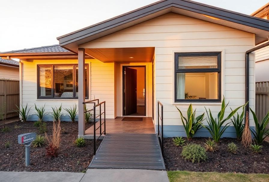 Modern accessible SDA house exterior with ramp access and landscaped garden Modern accessible SDA house exterior with ramp access and landscaped garden