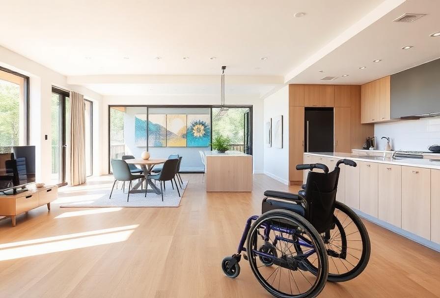 Spacious wheelchair-accessible interior of SDA accommodation with open-plan living Spacious wheelchair-accessible interior of SDA accommodation with open-plan living