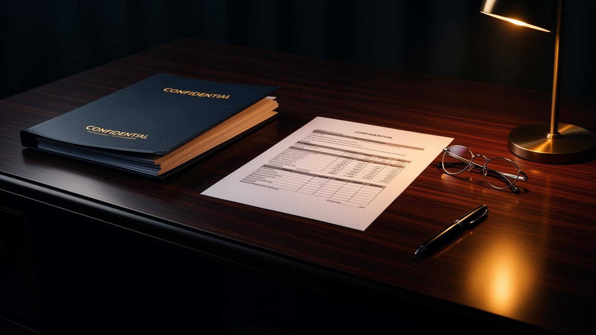 Folders and documents on a dark wooden desk under lamp light
