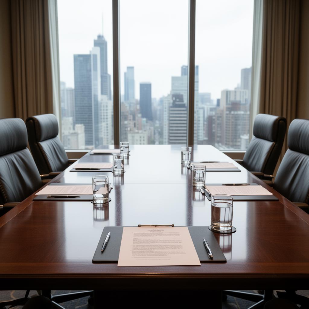 Premium boardroom prepared for confidential NDIS business negotiation with city views Premium boardroom prepared for confidential NDIS business negotiation with city views