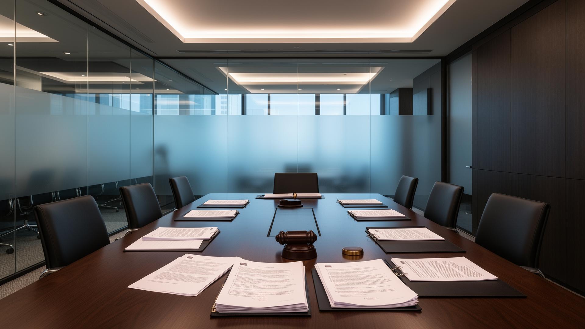 Premium corporate strategy room with contracts and legal documents on conference table