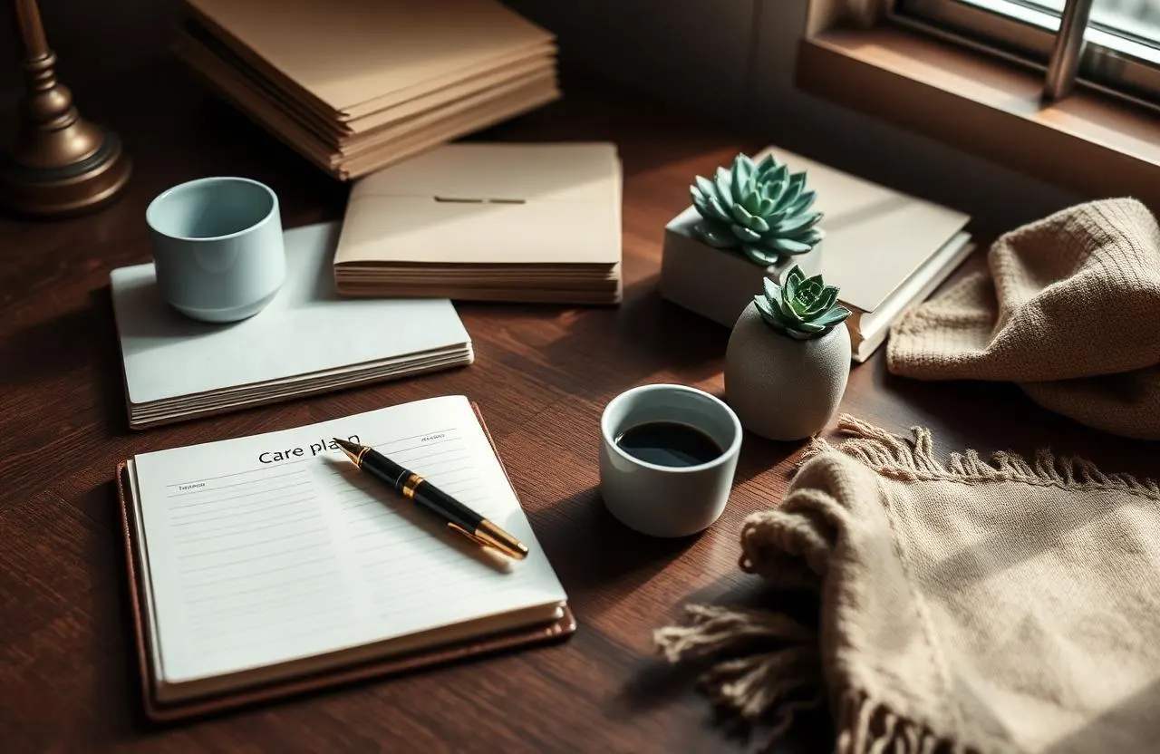 Editorial still life of a personalised care plan notebook, folders, and warm textiles