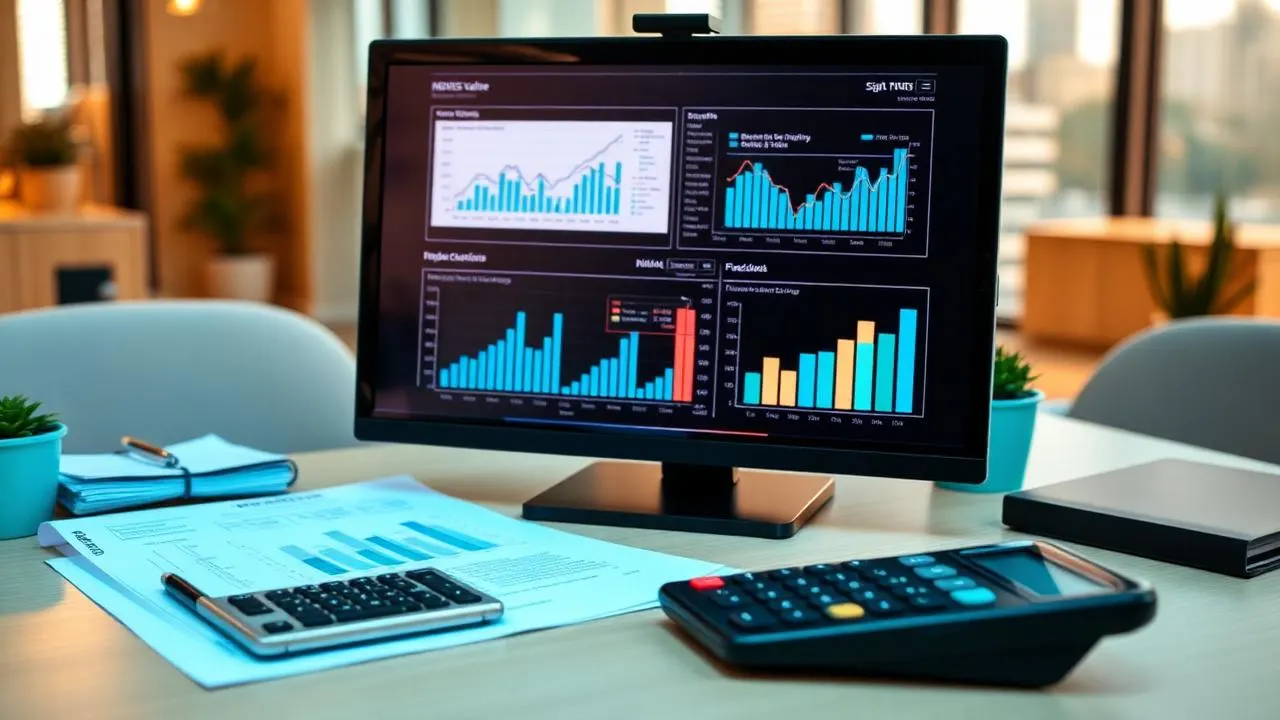 Illustrative image of financial charts on a monitor beside a calculator and printed reports