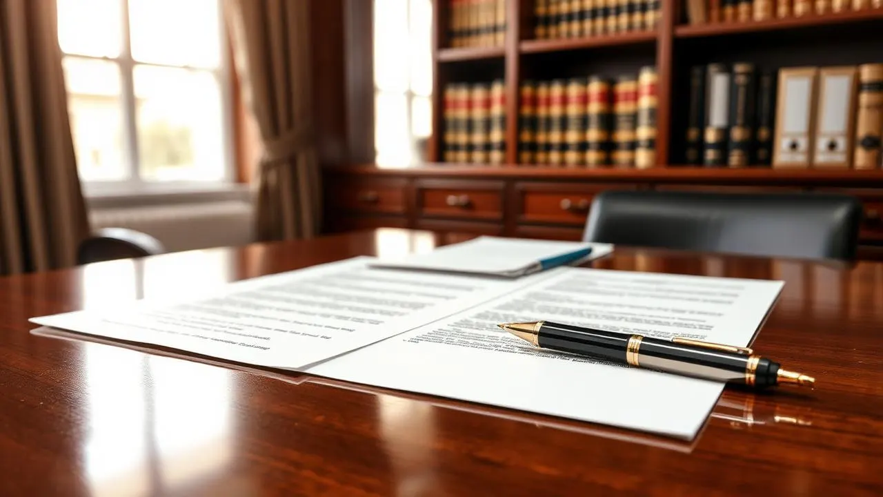 Illustrative image of printed documents and a pen on a polished desk in a study