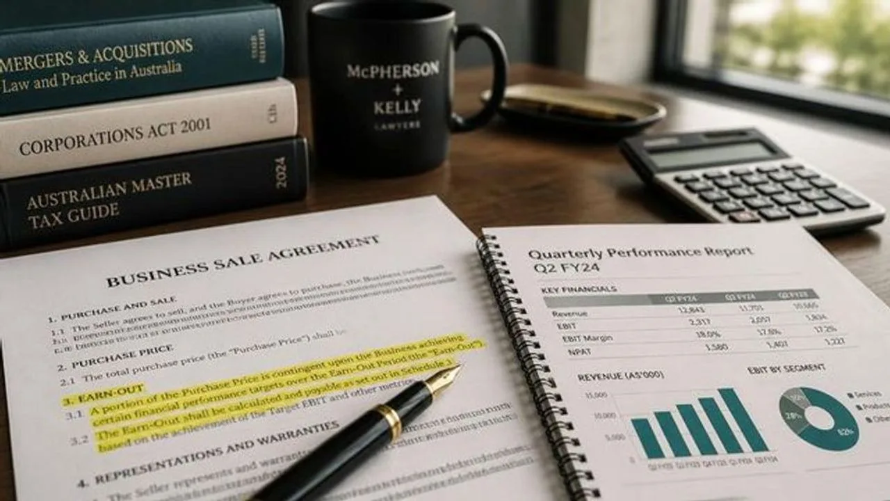 Business sale agreement with a highlighted earn-out clause beside a quarterly performance report