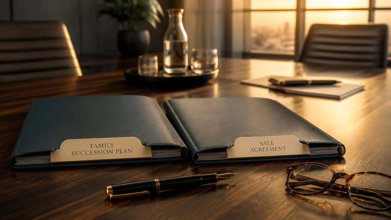 Boardroom table at golden hour with a family succession plan folder beside a sale agreement folder