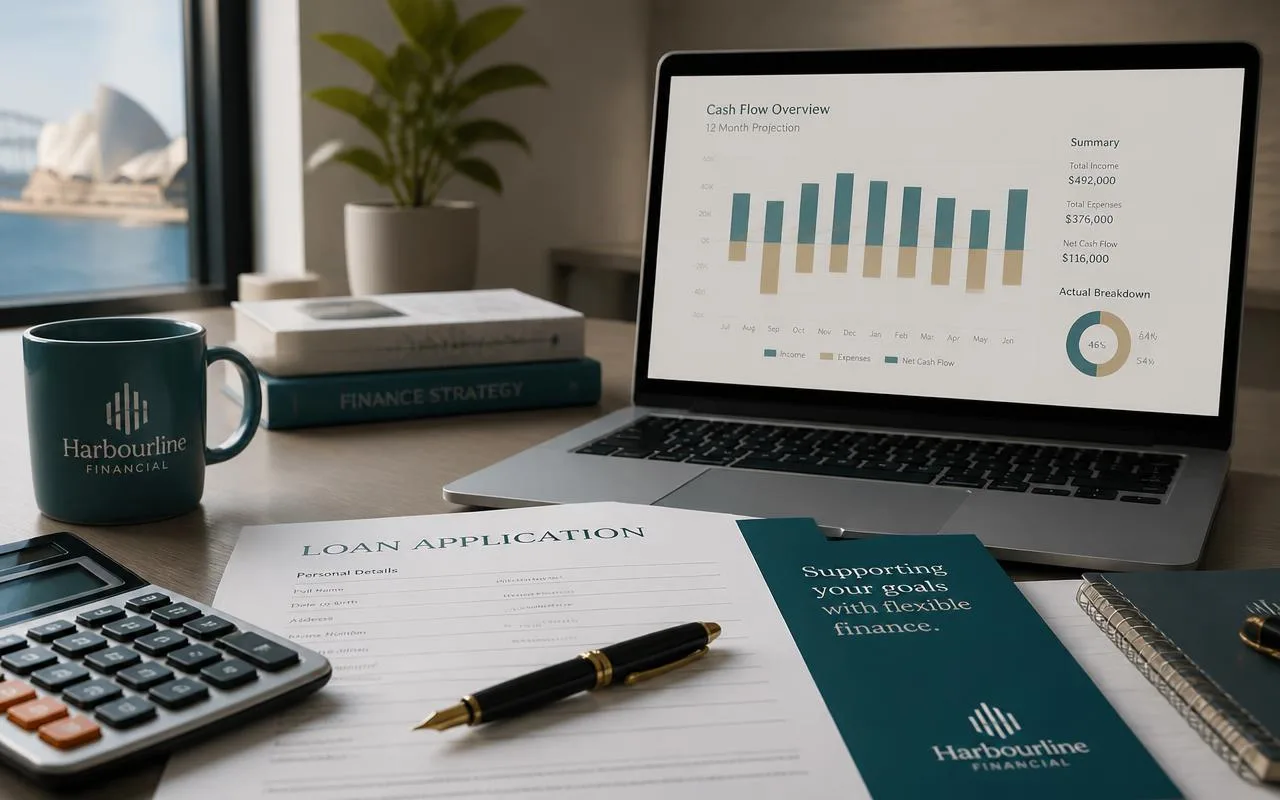 Loan application documents, calculator and a laptop showing a cash flow projection on a finance desk