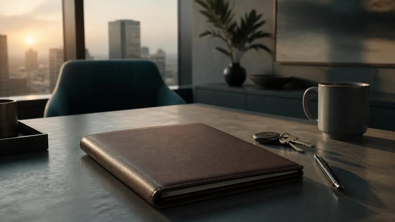 Blank leather handover folder, keys and a pen on a desk at dawn with a blurred city skyline beyond the window