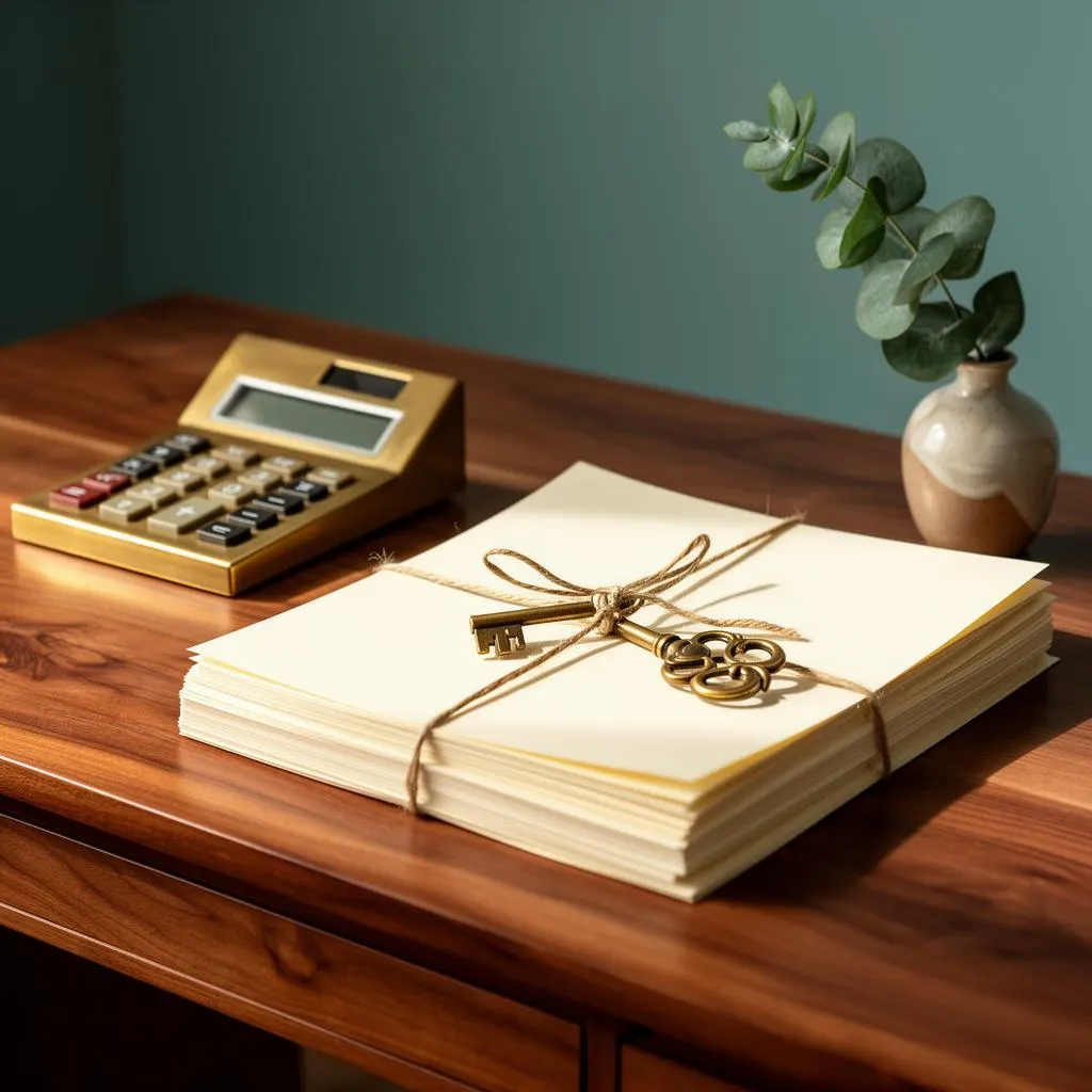 Illustrative image of a calculator beside a bundle of papers tied with string and a key on a timber desk