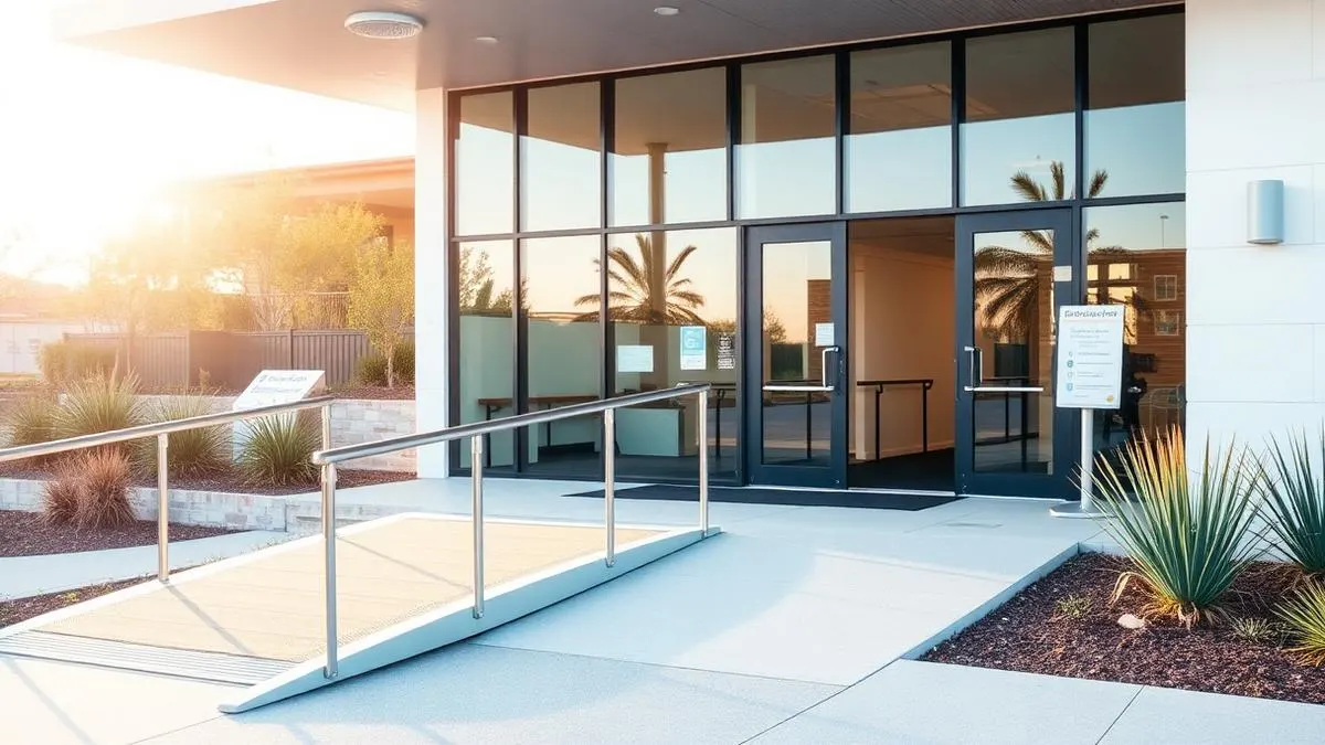 Modern Australian community centre with accessibility ramp and native landscaping in warm morning light