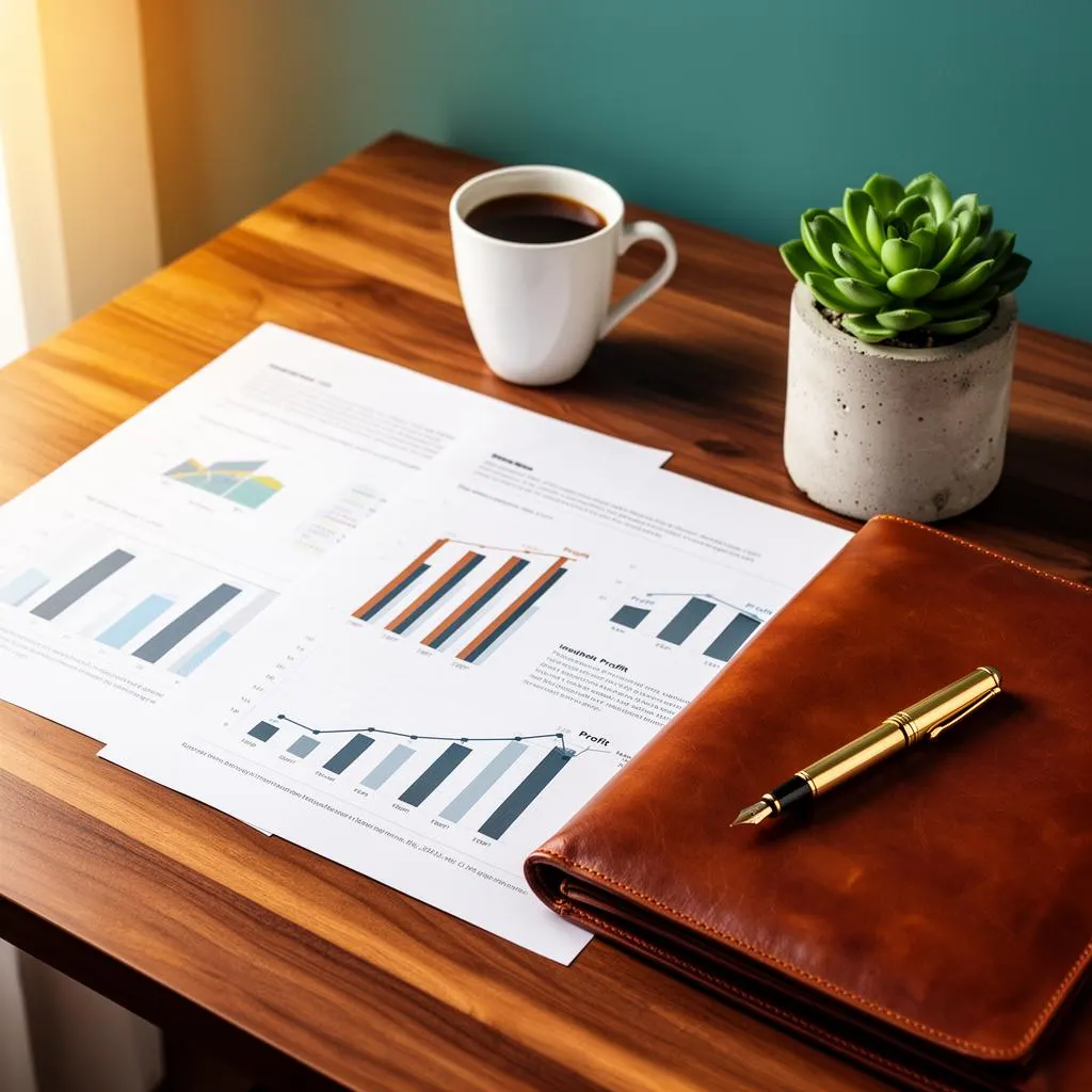 Financial documents with profit charts on a walnut desk with coffee and fountain pen