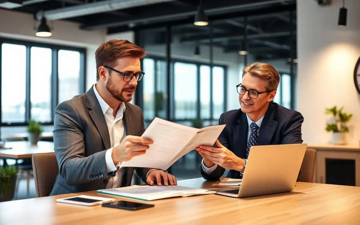 Investors reviewing NDIS business acquisition documents in a modern office