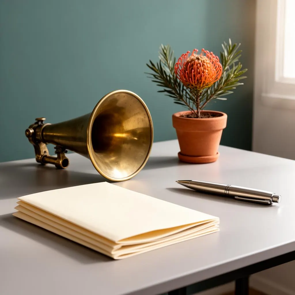 Editorial still life with brass megaphone, blank brochures and Australian banksia representing NDIS marketing strategy