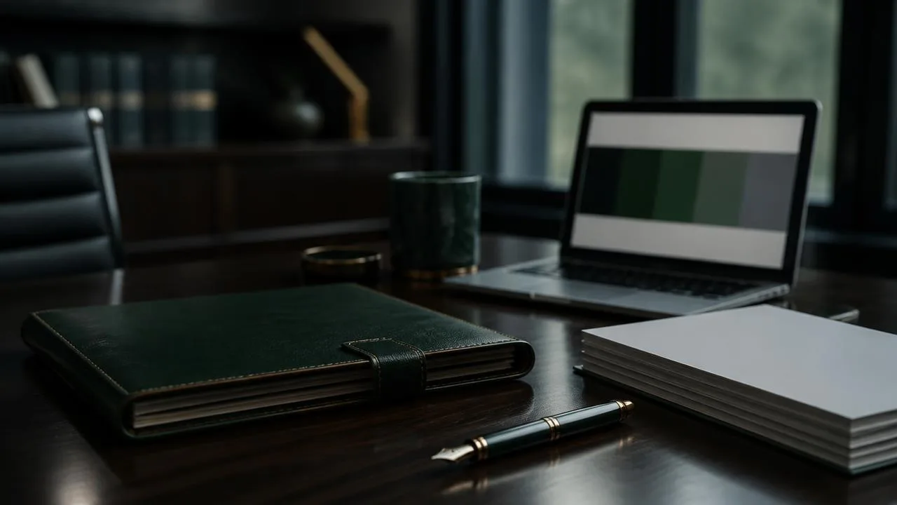 Dark timber desk with a green leather policy binder, unmarked documents and a laptop showing a brand colour palette