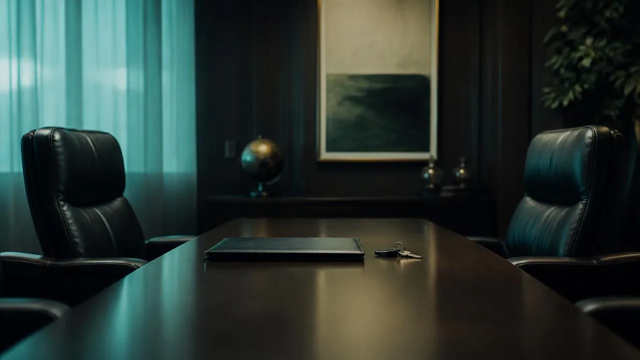Empty leather chairs facing each other across a dark boardroom table with a folder and set of keys between them