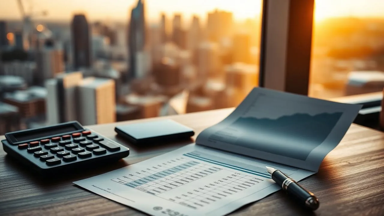 Pricing rate sheet, bar chart printout and calculator on a walnut desk with an Australian city skyline at golden hour