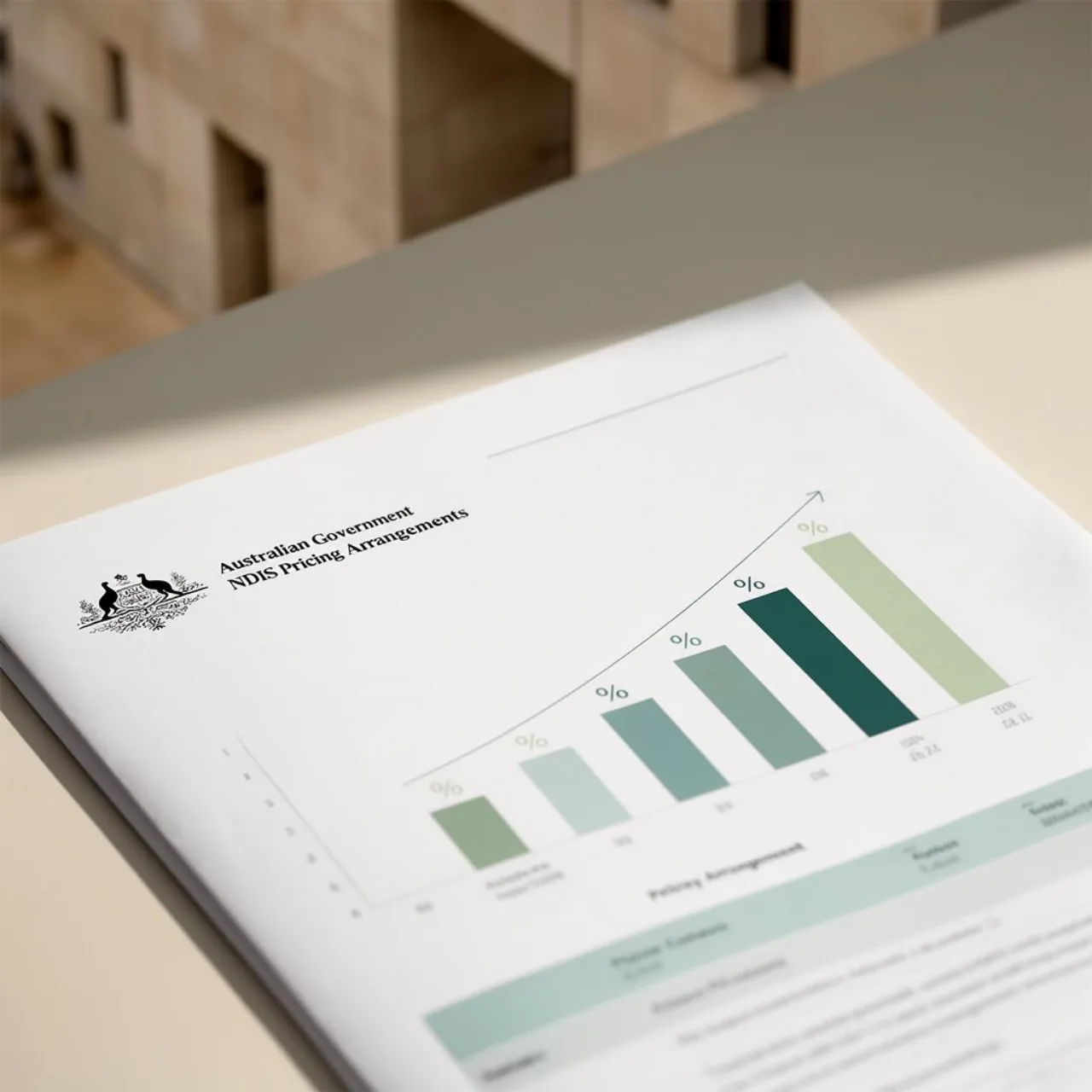 Australian Government NDIS pricing arrangements document with ascending bar chart — pricing impact on NDIS business valuation