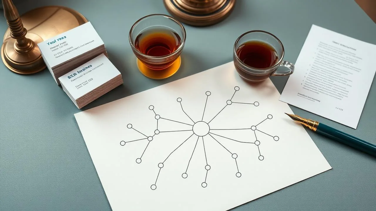 Illustrative image of a hand-drawn network diagram on paper beside business cards and a fountain pen