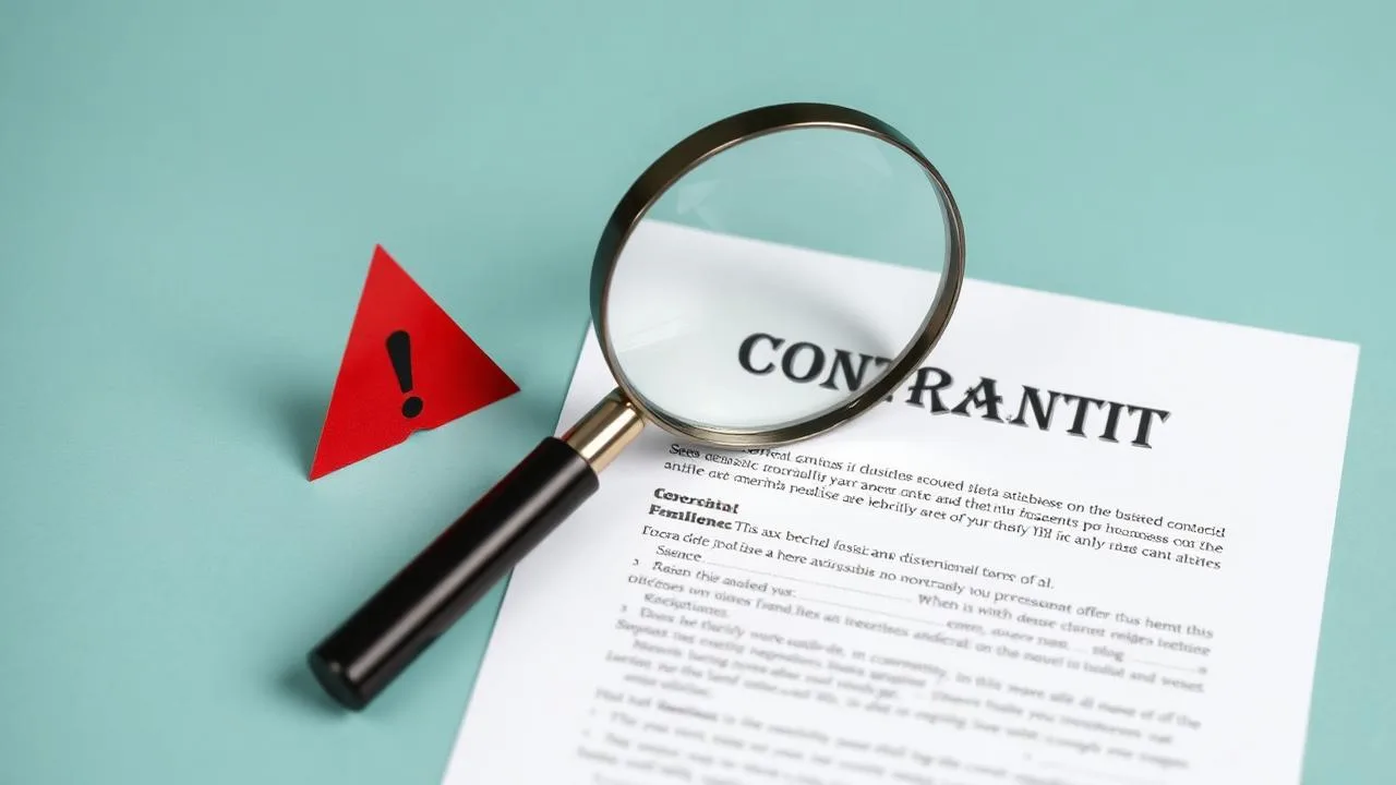 Magnifying glass over a business contract with a red warning flag