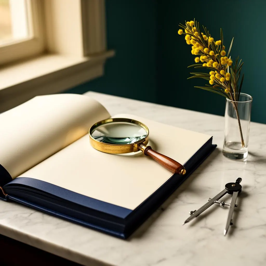 Editorial still life with open guidebook, magnifying glass and compass representing strategic NDIS business acquisition
