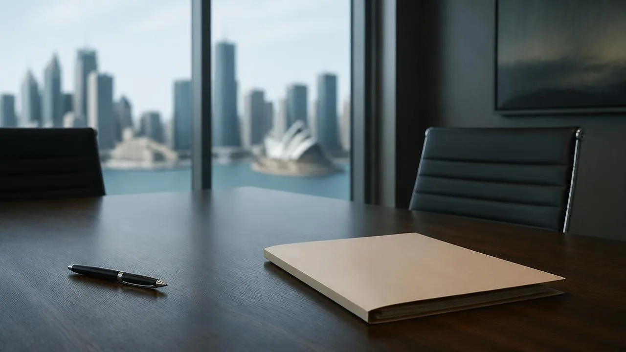 Unsigned pen resting apart from a closed document folder on a dark boardroom table with a blurred city skyline beyond the window